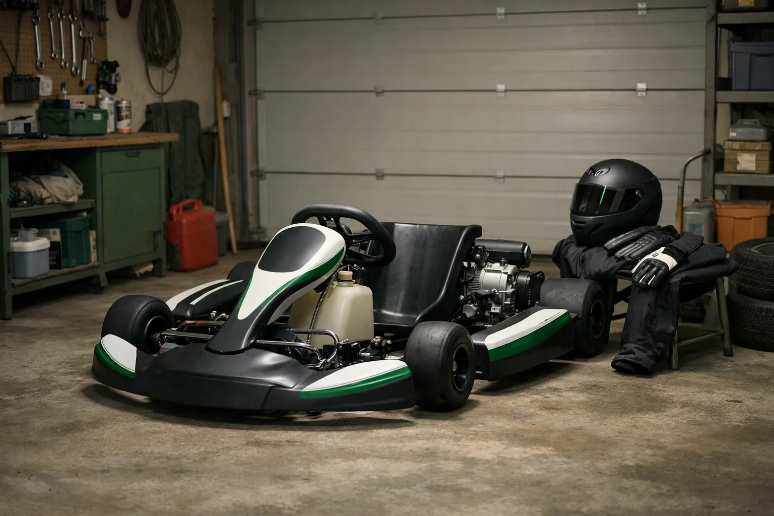 En generisk gokart står stilla i ett garage