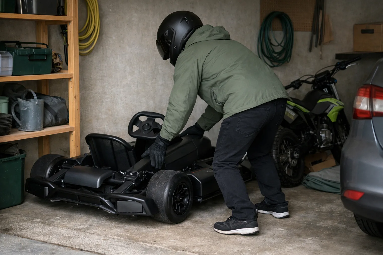 En generisk gokart står stilla i ett garage