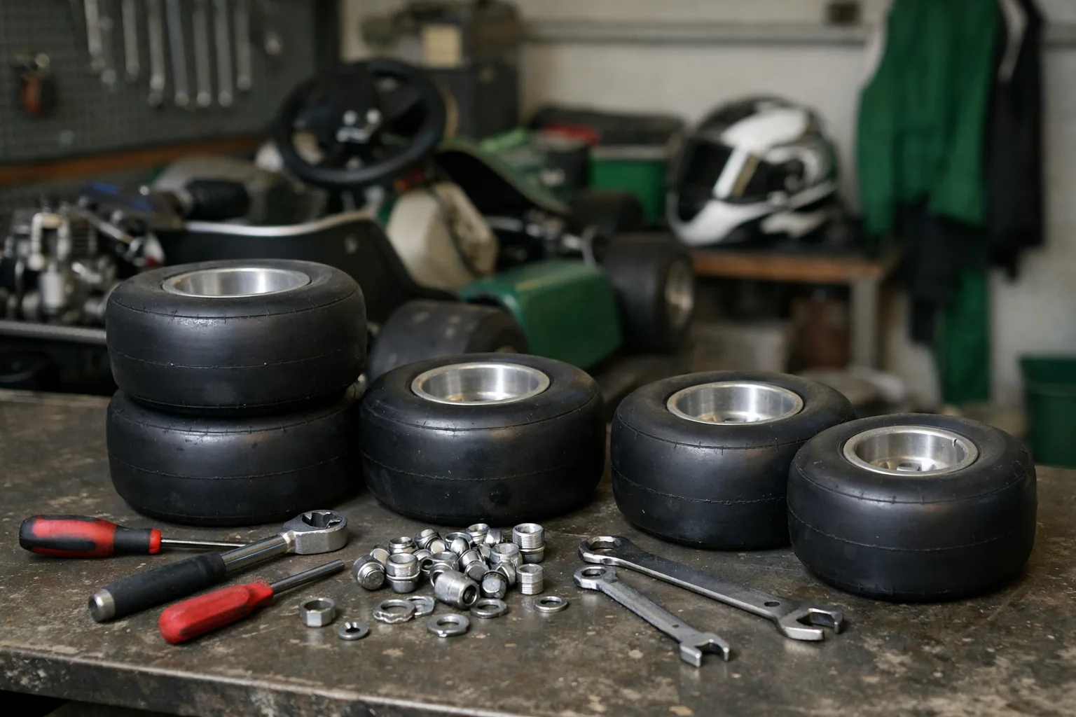 Små gokartdäck och handverktyg på en arbetsbänk