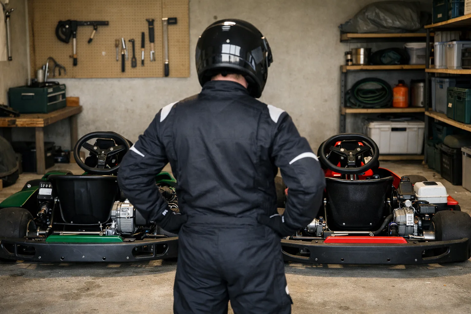 En generisk gokart står stilla i ett garage