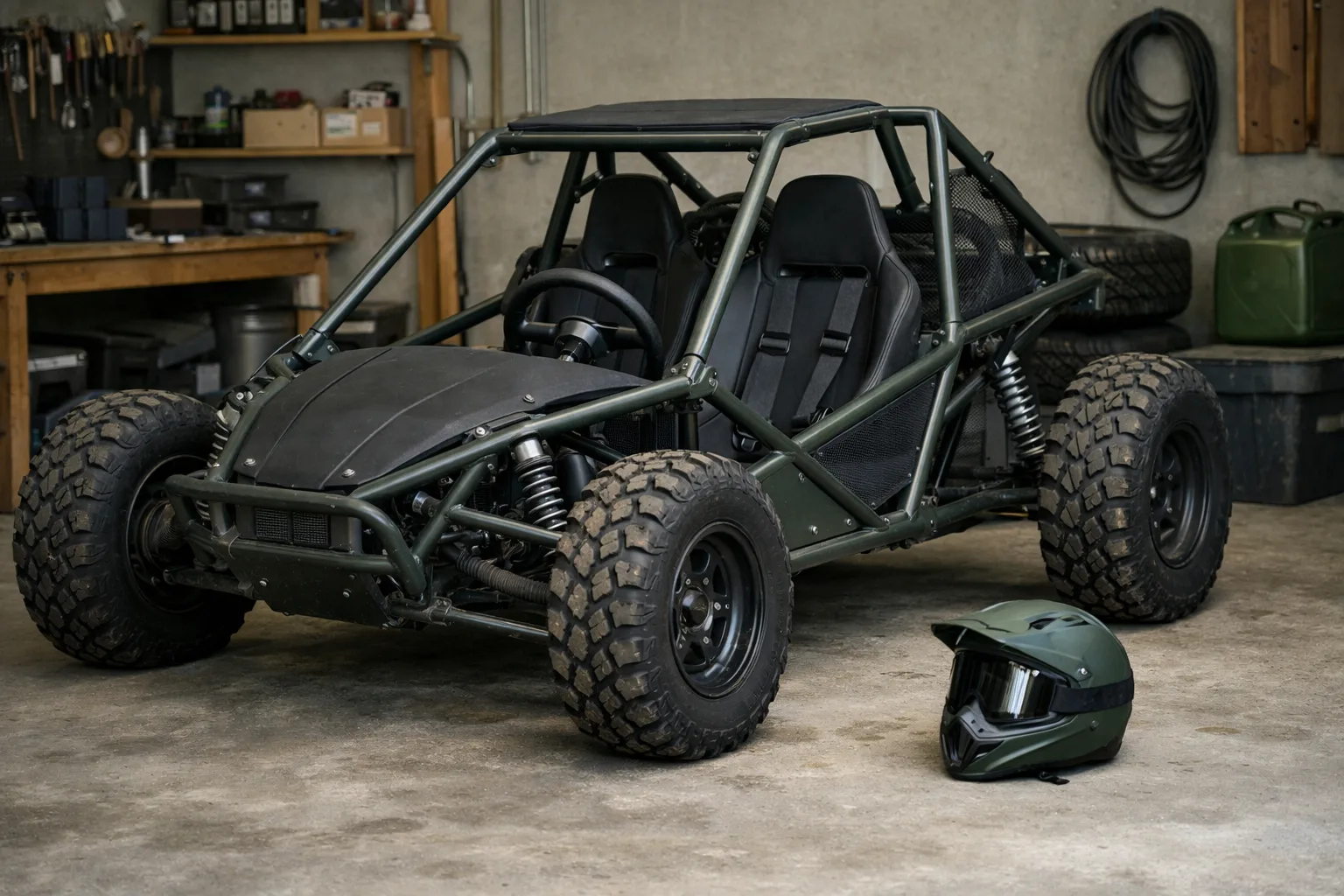 En generisk buggy står stilla i ett garage